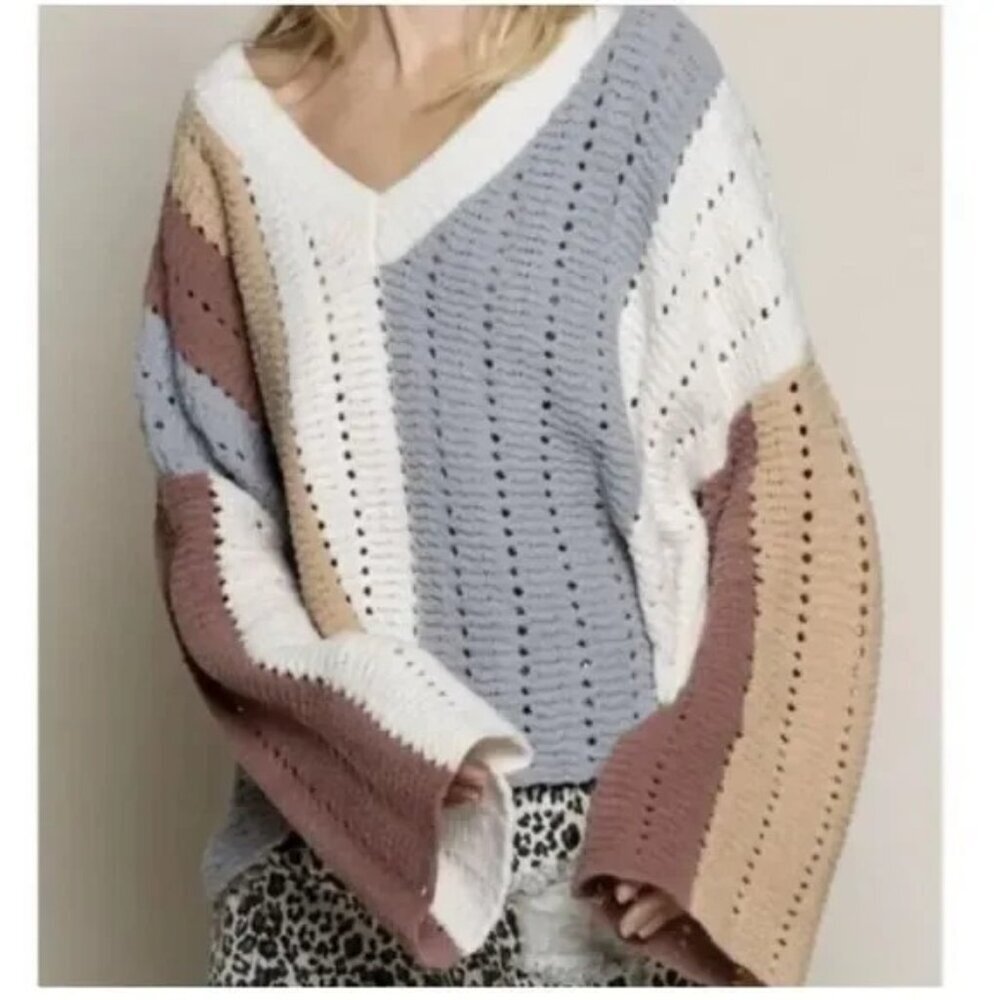 POL Chunky Knit Striped Colored Block Chenille Sweater Size Large - Picture 2 of 6